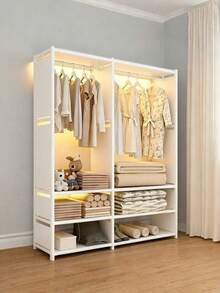 1-Tier Multi-Layer Metal Clothes Rack, Sturdy Large-Capacity Storage With Hanging Rod & Storage Shelves For Garments & Bedding, Space-Saving Open Wardrobe - Multicolor - View 2