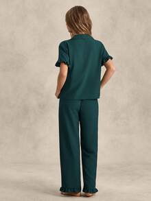 EverLounge Pajamas Set Lounge Set With Ruffle Trimmed Pockets On The Front - Dark Green - View 2
