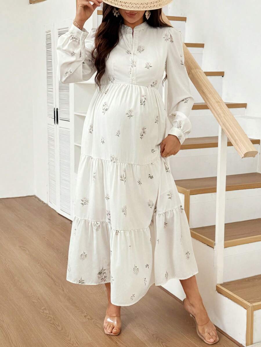 SHEIN 孕婦花卉印花鈕扣半開襟長袖洋裝 - 彩色 - 查看 1