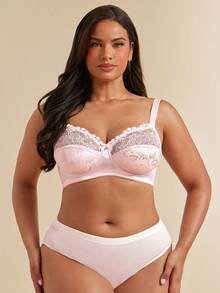 SHEIN BAE CURVE 1pc Plus Size Lace Patchwork Steel Wire Bra, Lift - Pink - View 3