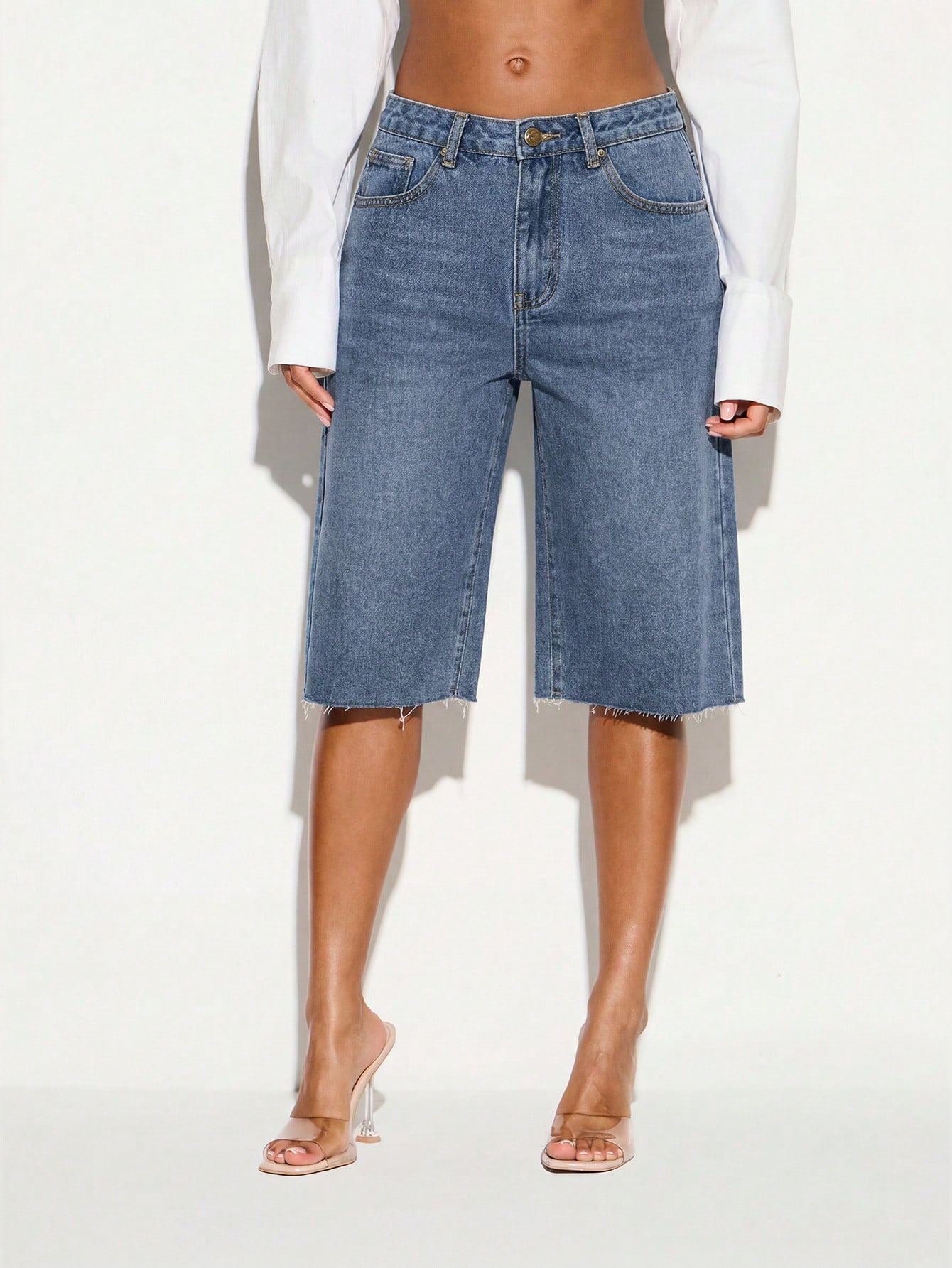 Baggy Wide Leg Denim Jorts With Raw Hem