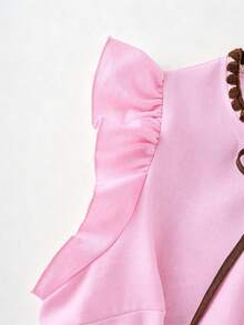 GlowEve Camisa elegante para mujer con bordado de concha color albaricoque, diseño de lazo de cuerda en color de contraste y manga corta tipo casquillo - Rosa - Ver 6