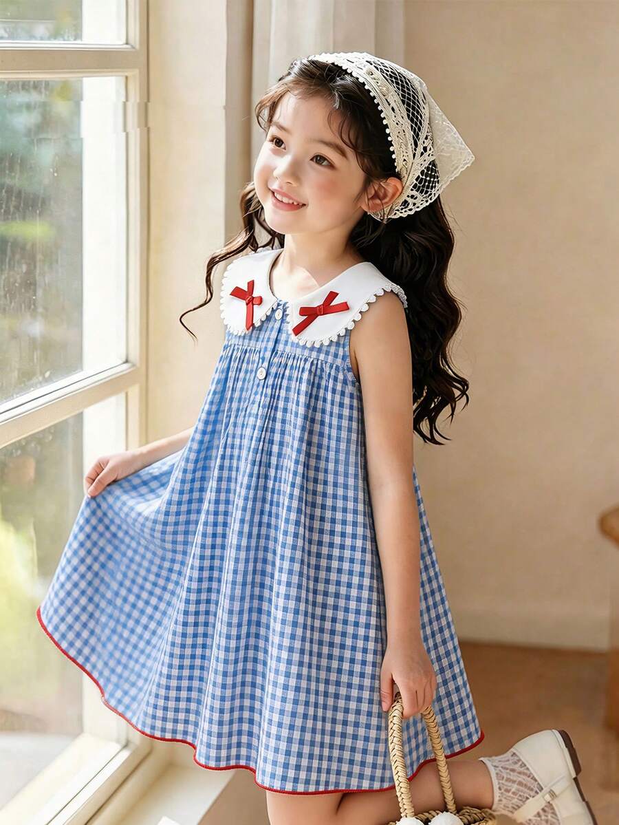 SHEIN Elladie kids 女童休閒藍色格紋洋裝，甜美3D蝴蝶結、荷葉邊飾、圓領開胸設計，優雅適合日常穿著、度假與通勤