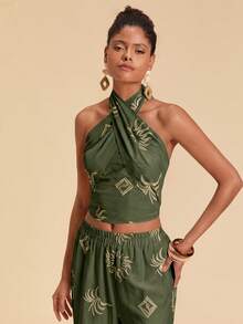 Travachic Women's Embroidered Backless Halter Top For Vacation And Casual Wear - Green - View 7