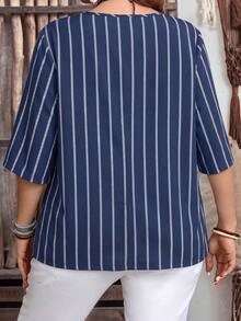 EMERY ROSE Casual Minimalist Navy Blue Nautical Rope Stripe Full Print V-Neck 3/4 Sleeve Blouse, Suitable For Spring And Summer - Multicolor - View 2