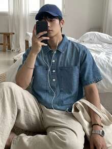 DAZY Washed Blue Short Sleeve Denim Shirt For Men Fall - Blue - View 5