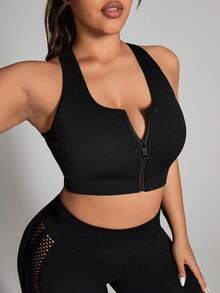 SHEIN Rhythm Era 女款大尺碼無縫黑色固定杯棉質拉鍊運動內衣 - 黑色 - 查看 4