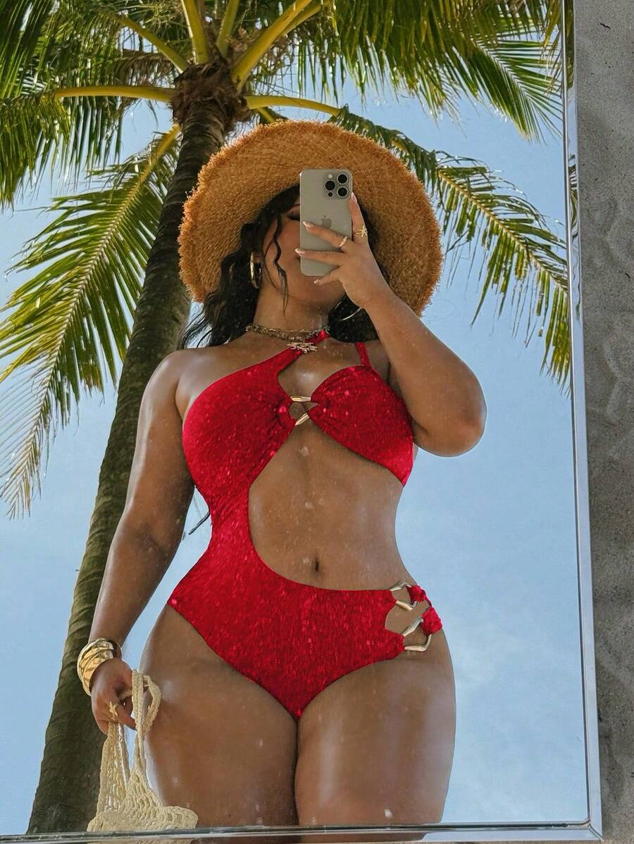 Swim SXY Plus Size Women's Solid Brown Knit One-Piece Swimsuit, Minimalist Casual Halter Strap Design - Red - View 1
