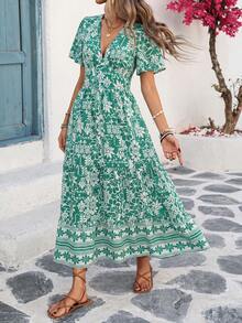 Wandoria Đầm maxi nữ phong cách Pháp xuân/hè, đi làm, dạo phố, đi chơi, họa tiết hoa xanh trắng, cổ chữ V, eo nhún bèo, dáng chữ A, tay loe - màu xanh lá - Xem 5