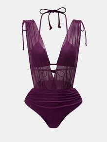 Swim Oasis 26SS Spring/Summer Solid Color Casual Vacation One-Piece Swimsuit For Women, With Cover Skirt - Red Violet - View 4
