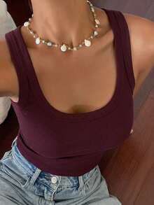 Solid Color Fitted Tank Top For Summer Vacation - Brown - View 5