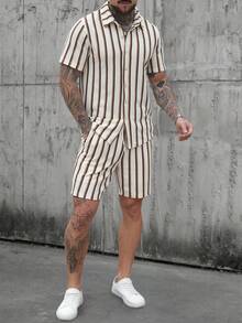 Manfinity CasualCool 2pcs/Set Kemeja Lengan Pendek Garis-garis Biru dan Putih untuk Liburan Musim Panas Pria dan Celana Pendek Tali Serut Elastis, Pakaian Kasual Shanben Ukuran Besar - MultiWarna - View 6