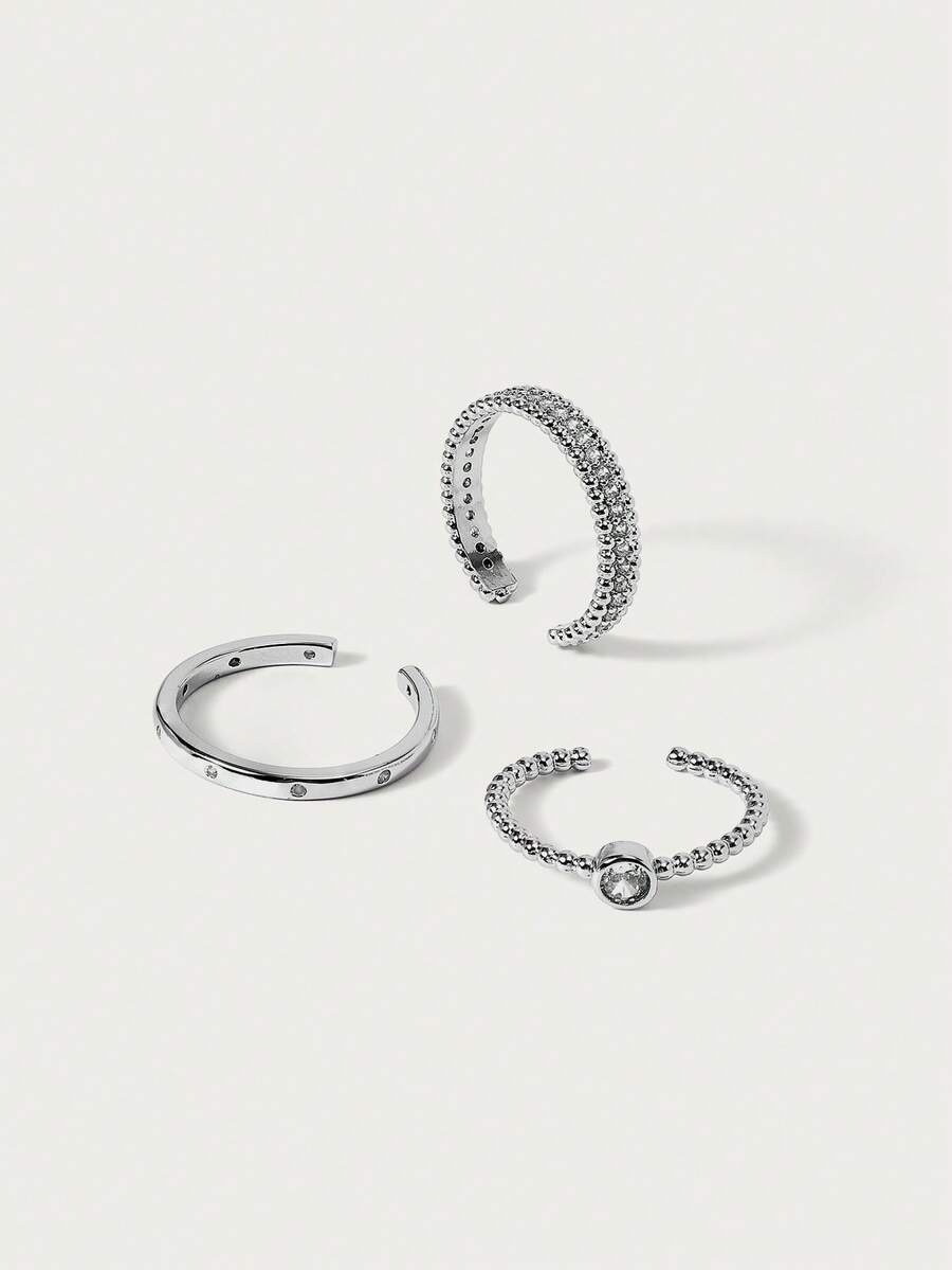 Glisma 3pcs Simple & Fashionable Copper Cubic Zirconia Ring Set For Women - Silver - View 1