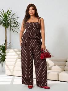 Solflare Plus Size Brown Polka Dot Sleeveless Ruffle Hem Loose 2 Pieces Set, Summer - Brown - View 4