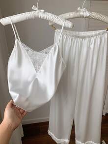Comfortcana Contrast Lace Cami Top & Pants PJ Set / Pajama Set White Set White Sets - White - View 8