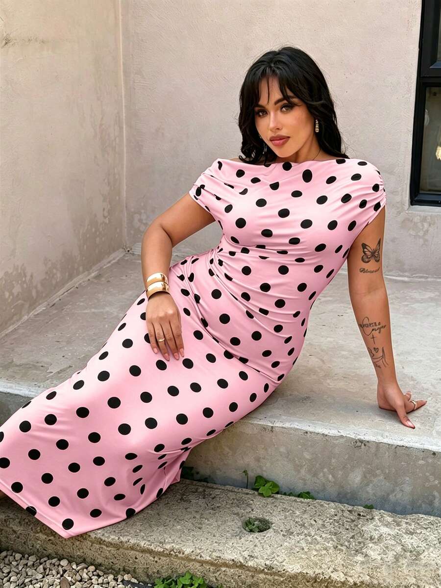 Rustia Plus Size Spring/Summer Elegant One Shoulder Polka Dot Dress Wedding Guest - Pink - View 1