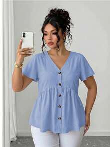 Elenzga Plus Size Women Solid Color Single-Breasted Short Sleeve Bamboo Knot Doll Collar Blouse - Blue - View 5