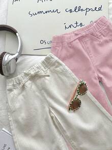 SHEIN LMoss Kids 女嬰兩件式可愛牛仔寬鬆舒適寬腿長褲，春夏休閒度假鄉村波希米亞風，海灘、西部街頭風、春假、電音節牛仔中長褲，畢業季穿搭 - 彩色 - 查看 7