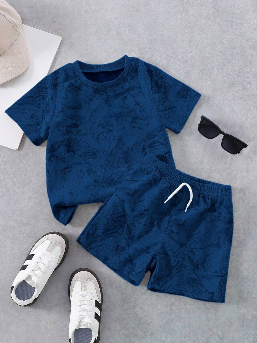 SHEIN Coolqubz 2件組/套 小男孩休閒素色T恤+短褲,適合夏季日常穿著、上學、旅行、戶外玩耍 - 寶藍色 - 查看 1