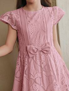 Anewsta Cute Girls' Short Sleeve Embroidered Patchwork Bow Decor Light Blue Dress, Spring/Summer New Style - Pink - View 6