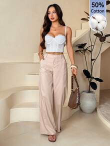 SHEIN PETITE Plain Color Casual Pants With Pockets, Minimalist Design, Versatile Daily Wear With Belt Loops ,Petite Women - Khaki - View 3