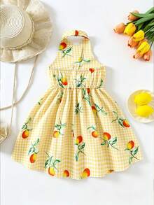SHEIN Elladie kids 女童柠檬水果数码印花POLO领无袖露背露腰连衣裙，面料柔软，款式可爱甜美，适合春夏季休闲、上学、度假、派对等场合穿着。 - 黃色 - 查看 2