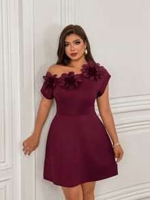 Femmeverse Vestido corto de mujer talla grande de unicolor con decoración floral y diseño de hombros fruncidos - Burdeos - Ver 7
