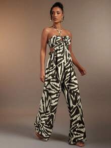 Hauture Women's Sexy Abstract Print Front Cut Out Cross Over Halter Open Back Linen Jumpsuit - Multicolor - View 5
