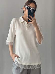 DAZY 夏秋春 2合1鏤空蕾絲拼接長版 Polo 衫 寬鬆度假短袖女款T恤 - 白色 - 查看 7