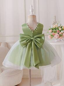 Glamorique Kids Vestido verde de cetim sem mangas para bebês meninas com decoração floral 3D, bordados feitos à mão com miçangas, laço nas costas, ideal para daminhas de honra em aniversários, casamentos e festas. - Verde - Ver 3