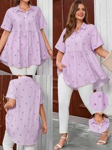 EMERY ROSE Plus Size Open Front Raglan Short Sleeve Striped Bow Print Smock Shirt - Purple - View 1
