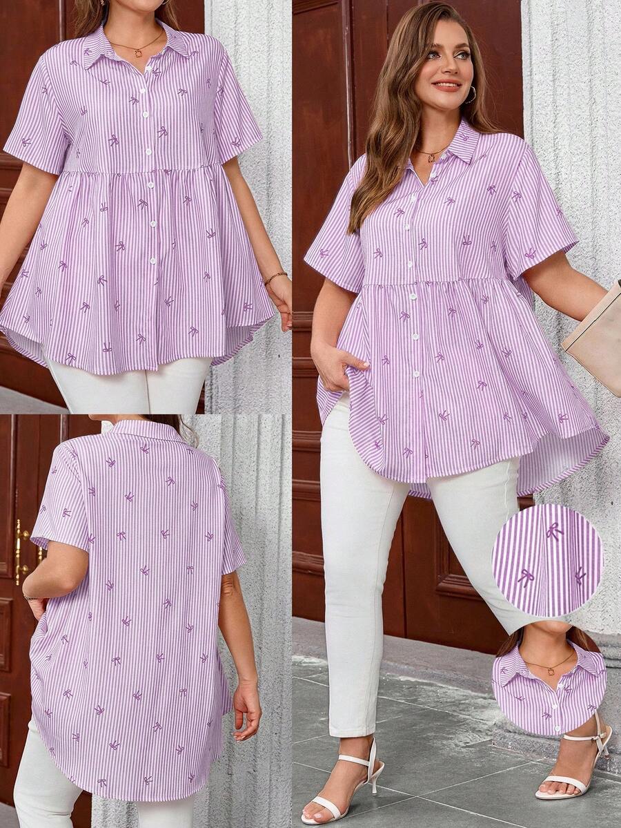 EMERY ROSE Plus Size Open Front Raglan Short Sleeve Striped Bow Print Smock Shirt - Purple - View 1