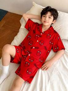 青少年男孩阻燃印花經典領開襟式紅色底黑線頭印花短袖上衣與鬆緊腰短褲睡衣家居套裝 - 紅色 - 查看 8