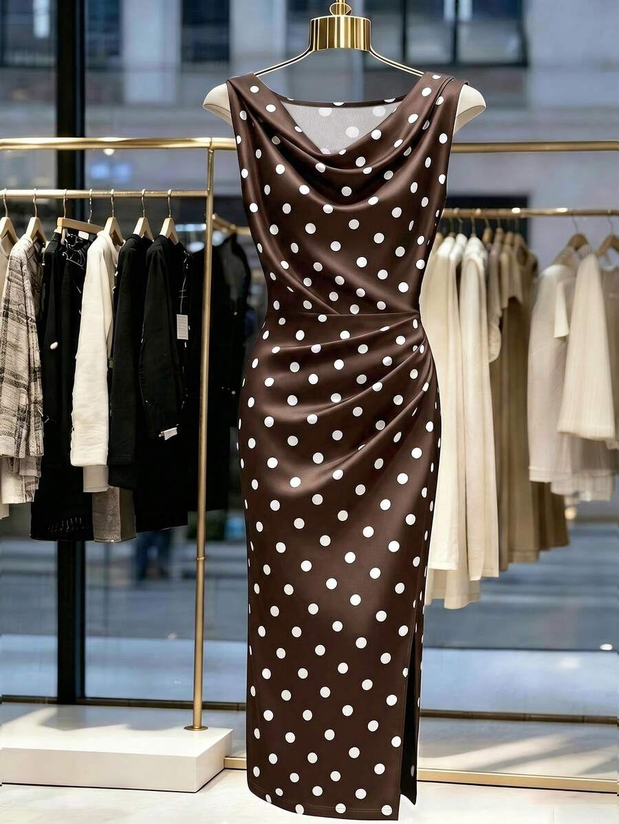 Franclia 女士优雅浪漫缎面波点印花荷叶边领无袖褶皱连衣裙,适合春夏外出和约会 - 彩色 - 查看 1
