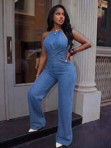 Slaydiva Plus Size Women Pleated Halter Casual Everyday Denim Jumpsuit - Blue - View 4