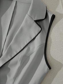 SHEIN Franclia 秋冬優雅兩件式套裝 對比滾邊翻領無袖西裝背心與高腰短褲套裝 百搭辦公通勤外出西裝 - 灰色 - 查看 3
