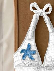 Elavelle Women's Spring/Summer Jacquard Fabric Spaghetti Strap Starfish Decor Bikini Top - White - View 6