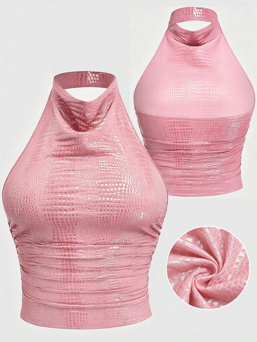 Sweetra 歐美風性感露背細肩帶無袖百褶修身休閒短版上衣,適合街頭、Y2K、派對、約會等場合 - 粉色 - 查看 1