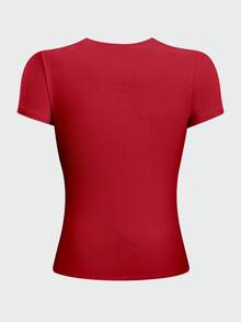 Camiseta casual de manga corta con cuello redondo y unicolor para mujer, verano - Rojo - Ver 2