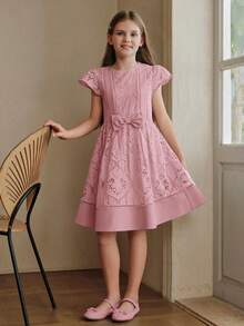 Anewsta Cute Girls' Short Sleeve Embroidered Patchwork Bow Decor Light Blue Dress, Spring/Summer New Style - Pink - View 5