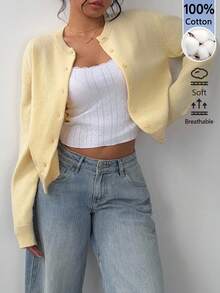 SHEIN BASICS Women's Solid Color Single-Breasted Casual Versatile Daily Outing Long Sleeve Cardigan - Pale Yellow - View 6