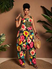Maweii Plus Size Women's Black Summer Boho Beach Holiday Casual Jumpsuit, Printed Sleeveless Loose Harem Pocket, Adjustable Shoulder Straps Asymmetric Jumpsuit - Multicolor - View 6