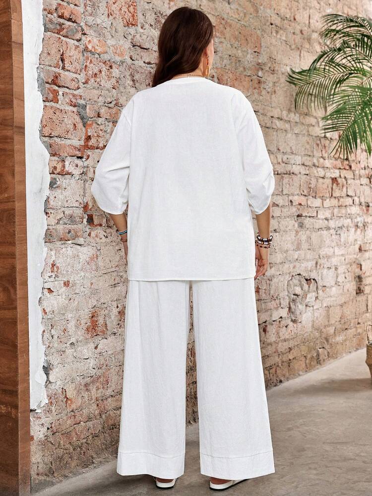 Plus Size Women Solid Color Cuffed Sleeve Shirt And Wide Leg Pants Casual Suit