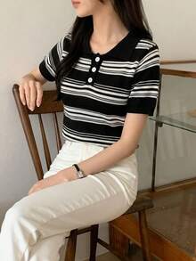 DAZY 女款商務休閒 Polo 領短袖針織上衣 夏季 - 黑色 - 查看 4