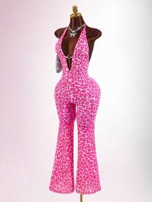 Amplova New Colorful Leopard Print V-Neck Tight Fitted Sheer Jumpsuit For Women, Summer - Hot Pink - View 4