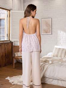 PalaceNights 3pcs Vintage Ditsy Floral Spaghetti Strap Jumpsuit And White Long Sleeve Cardigan Set - Multicolor - View 2