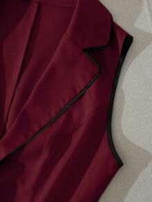 SHEIN Franclia New Women's Fashion Elegant Commute Color Block Lapel Sleeveless Vest Jacket & Shorts Set, Spring/Summer Versatile Commute Outfit - Burgundy - View 3