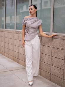 Andrea Bello New Minimalist Fashion Versatile Gray Asymmetrical Neck Pleated Decor Cinched Waist Pullover Fitted Short Sleeve Blouse Summer - Light Grey - View 5