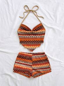 SHEIN PETITE CURVE Plus Size Burnt Orange Summer Boho Vacation Holiday Western Beach Vacation Wedding Guest Dress,Elegant Camisole Two Pieces Set,Y2K Graduation Outfit - Multicolor - View 2