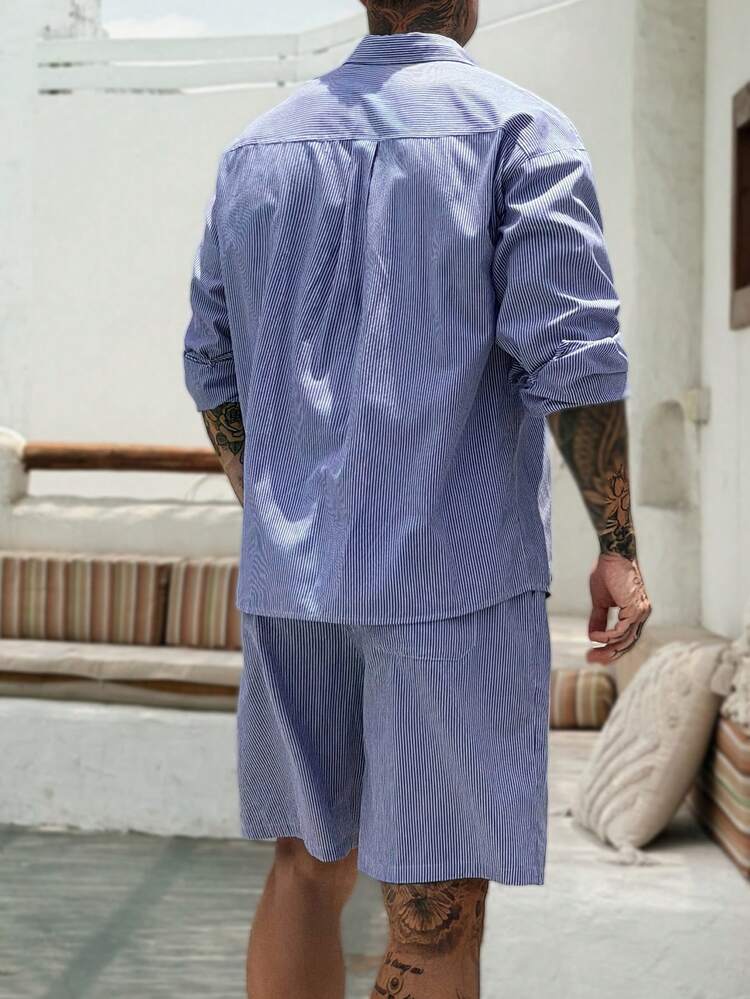 Men's Striped Single-Breasted Long Sleeve Shirt And Shorts Casual Everyday Set